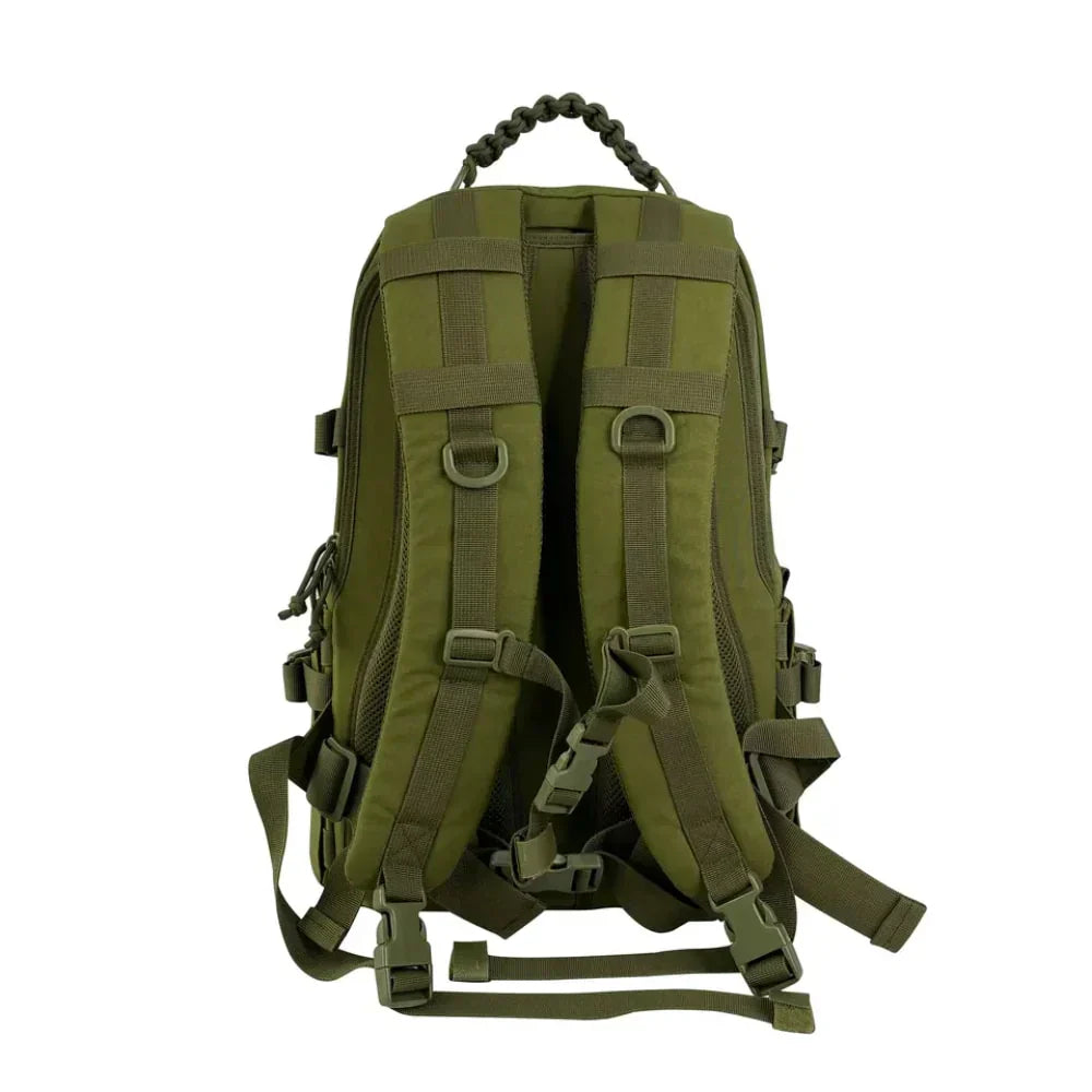 Ruime heren tactische rugzak met Molle, ideaal als wandelrugzak, survival tas of reistas; duurzaam design. Zwart.