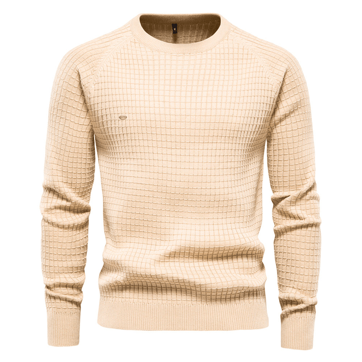 "Heren trui met klassieke O-hals, effen kleuren, 100% katoen, comfortabel en warm, geschikt voor diverse gelegenheden."