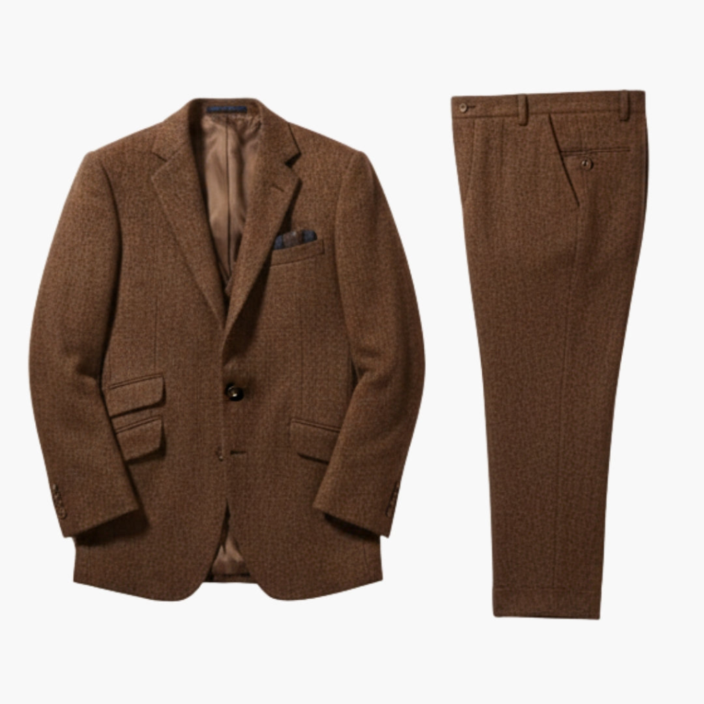 Heren tweed pakset, formeel kostuum met jas, vest en broek voor zakelijke gelegenheden.