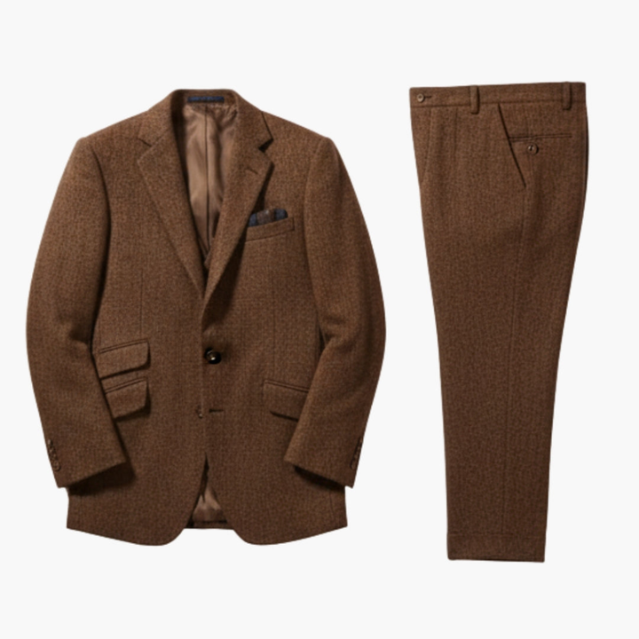 Heren tweed pakset, formeel kostuum met jas, vest en broek voor zakelijke gelegenheden.