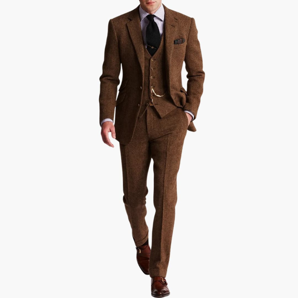 Elegant heren tweed kostuum, compleet met jas, vest en pantalon, ideaal voor bruiloften.