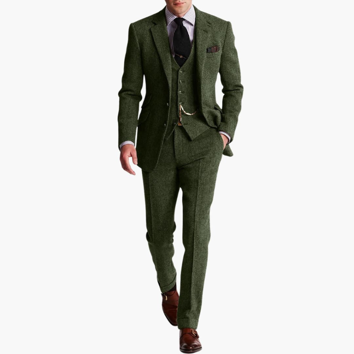 Klassiek tweed colbert, vest en pantalon als complete herenpakset voor formele gelegenheden.