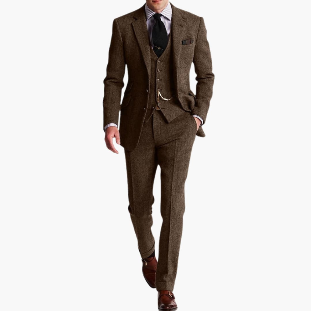 Stijlvol tweed bruiloftspak voor heren, een compleet en elegant formeel driedelig kostuum.