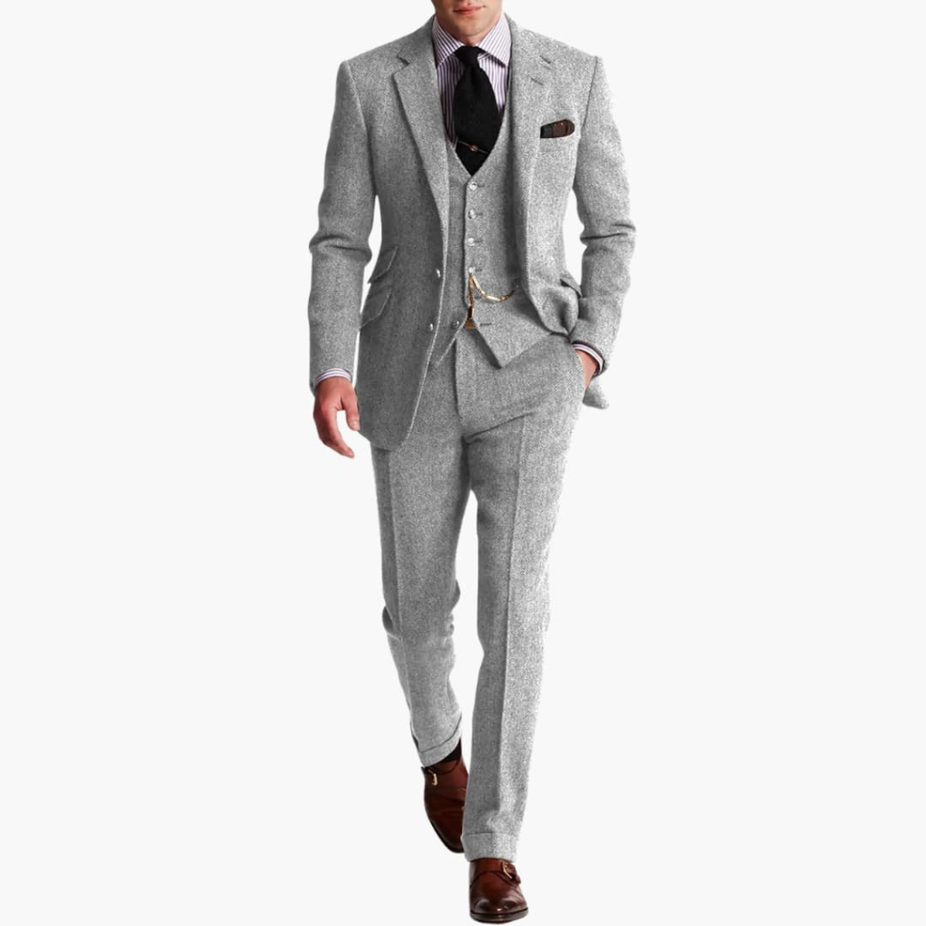 Chique tweed herenpak, compleet met jas, vest en bijpassende pantalon voor elke gelegenheid.