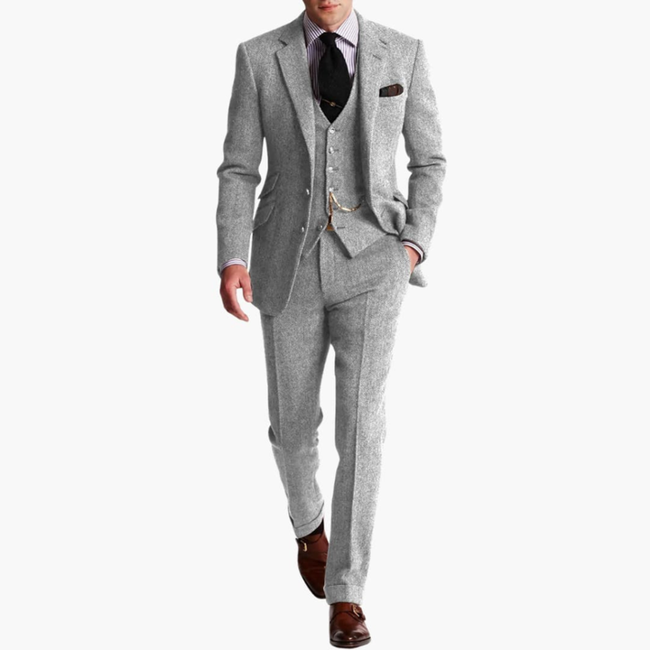Chique tweed herenpak, compleet met jas, vest en bijpassende pantalon voor elke gelegenheid.