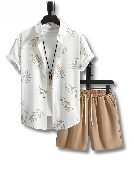 Heren tweedelige zomer set met trendy bladprint shirt en bijpassende korte broek, ideaal voor strand en vakantie.