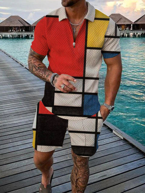 Dynamische foto van man in tweedelige heren zomerset. Perfecte strandkleding of vakantieoutfit.