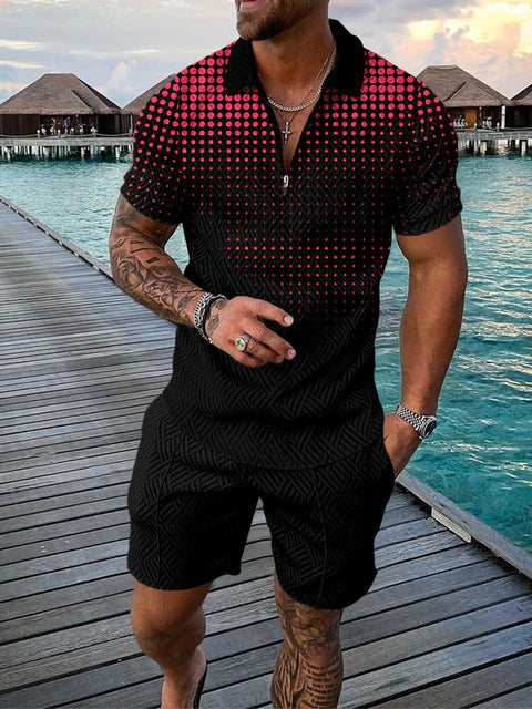 Detail van de kraag en knopen van de heren polo uit de stijlvolle zomeroutfit.