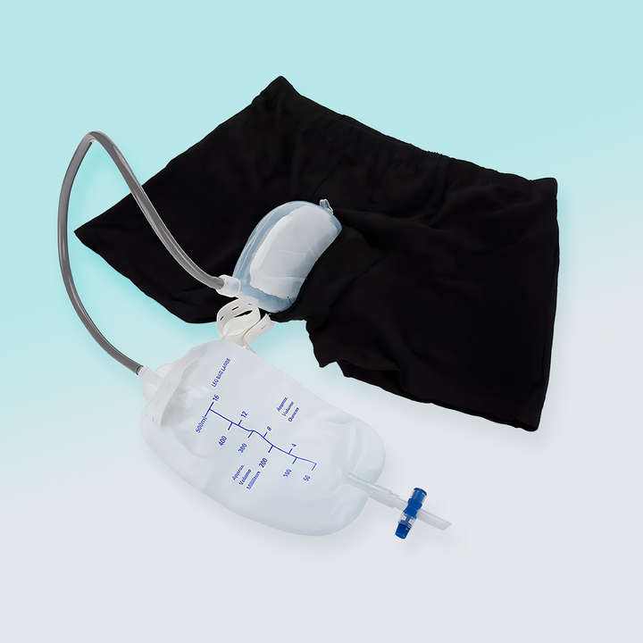 Heren urinaalbroek met lekvrije katheter, discrete ondersteuning bij incontinentie, comfortabel katoen.