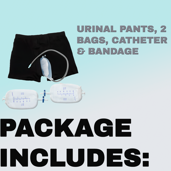 Comfortabele heren urinaalbroek van katoen met geïntegreerde lekvrije katheter voor discrete incontinentiezorg.