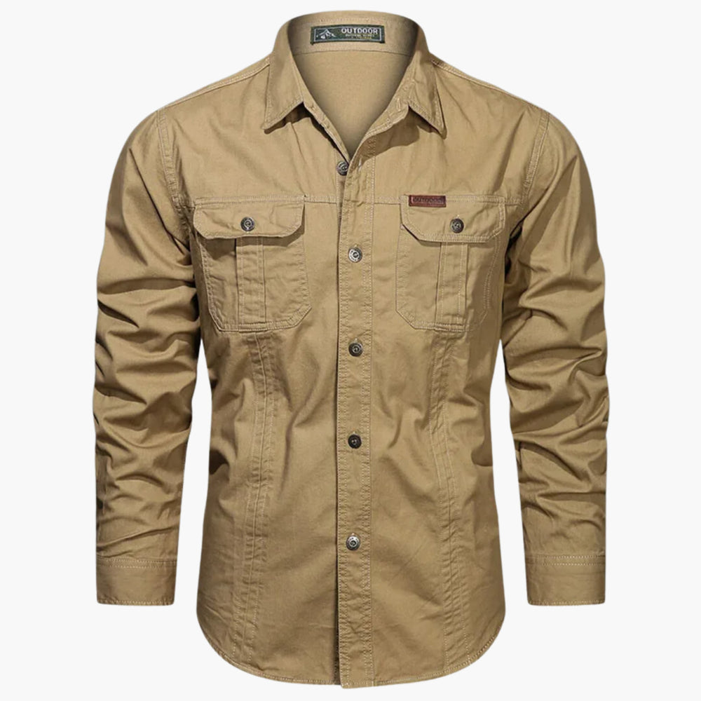 Robuust heren utilityshirt met lange mouwen, outdoorstijl, functionele zakken en casual button-down design.