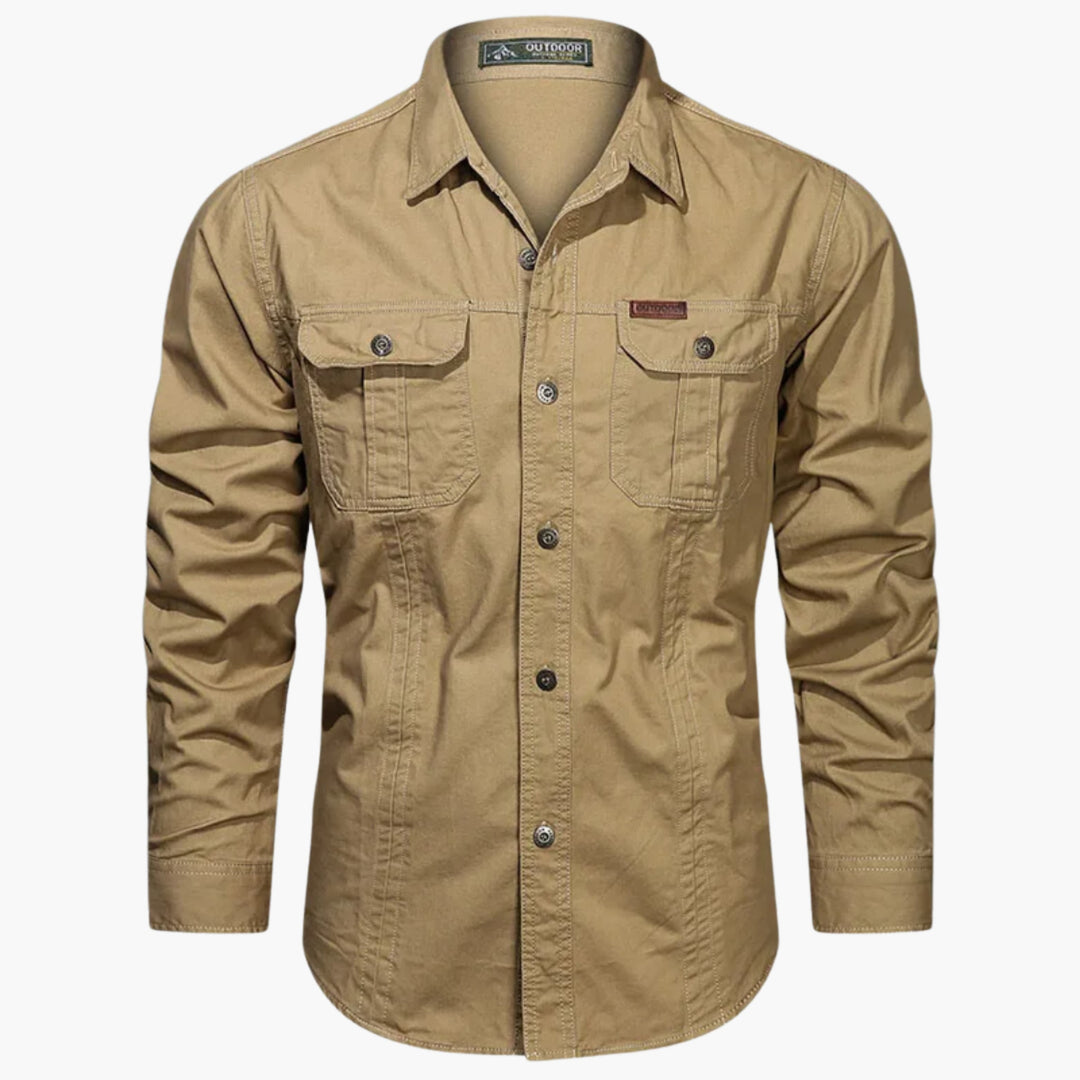 Robuust heren utilityshirt met lange mouwen, outdoorstijl, functionele zakken en casual button-down design.