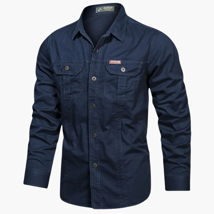 Heren utilityshirt, button-down casual overhemd met lange mouwen, robuuste stof en praktische zakken.
