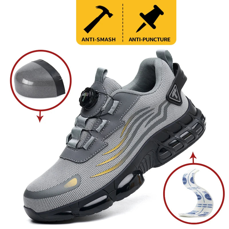 Stijlvolle heren veiligheidssneakers, grijs/zwart, met stalen neus, antislip, ademend en draaiknop.