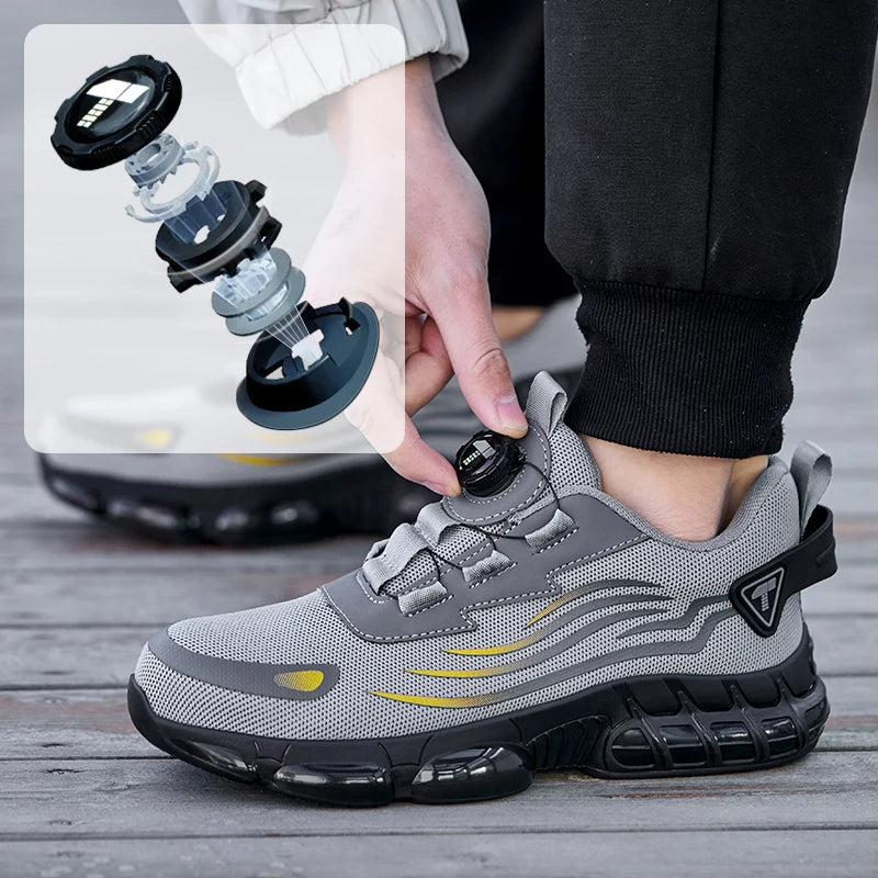 Mannen werkschoenen met stalen neus en draaiknop, perfect voor magazijn of werkplaats, antislip.