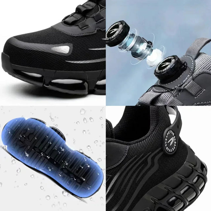 Bovenkant van de heren veiligheidssneakers met stalen neus, inclusief de handige draaiknopsluiting.