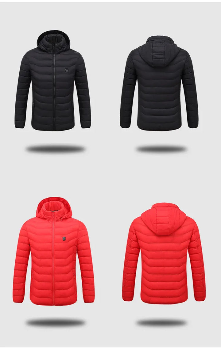 Slimme USB verwarmde jas voor mannen, houdt je warm tijdens winterse omstandigheden buiten.