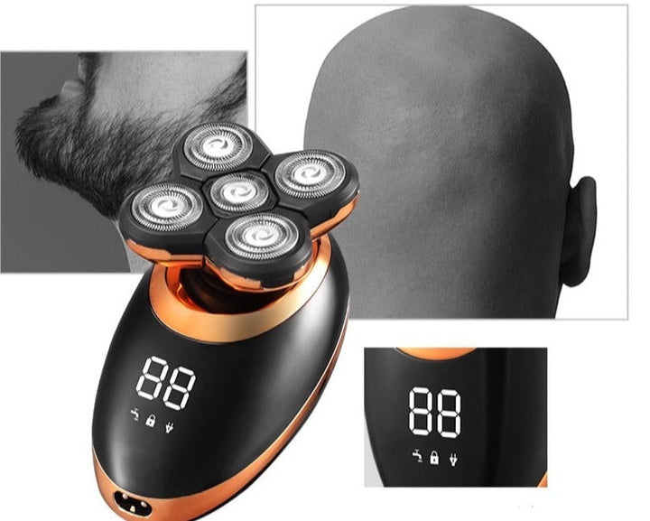 Oplaadbaar heren scheerapparaat en draadloze trimmer in dockingstation; klaar voor gebruik, compact design.