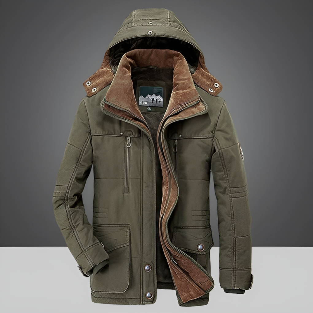 Comfortabele, warme winterjas voor heren met capuchon. Essentiële winterkleding voor een stijlvolle winter.