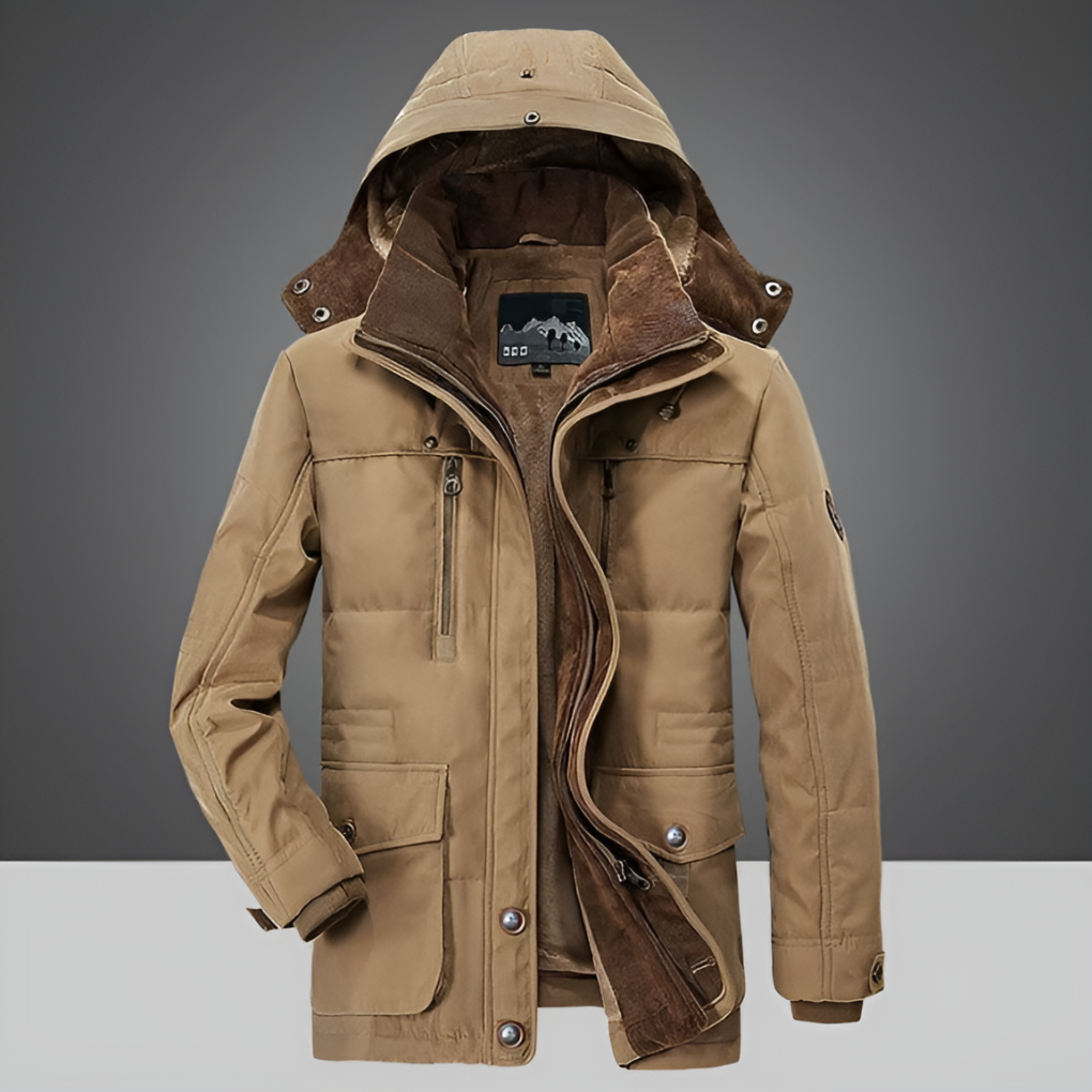 Robuuste heren winterjas met capuchon, biedt optimale warmte en isolatie. Perfecte bovenkleding voor heren.