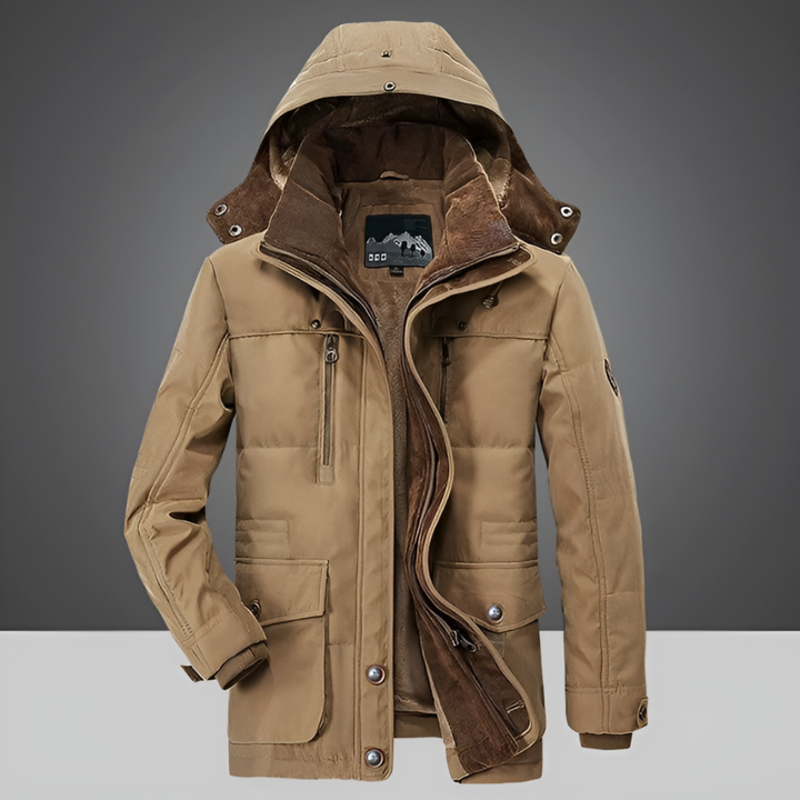 Robuuste heren winterjas met capuchon, biedt optimale warmte en isolatie. Perfecte bovenkleding voor heren.