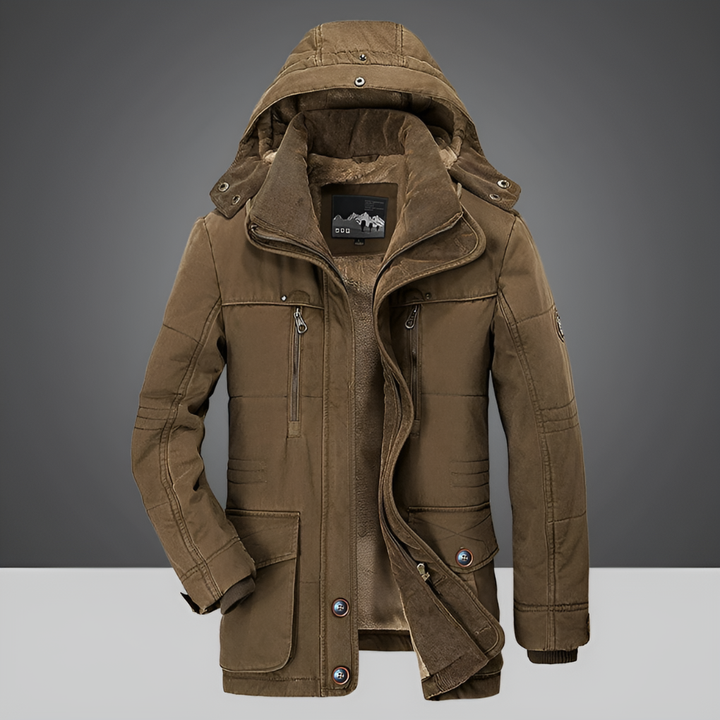 Moderne heren winterjas met capuchon. Warme en isolerende jas, veelzijdig voor elke winterse gelegenheid.