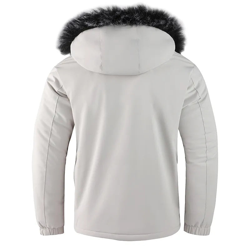 Stijlvolle heren winterjas, waterdicht, met rits en zakken. Ideaal voor mannenmode en buitenactiviteiten.