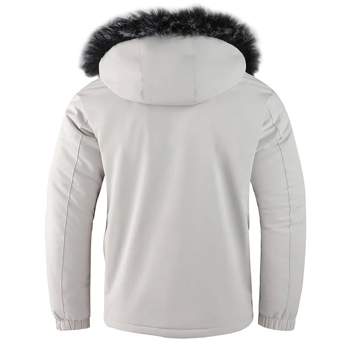 Stijlvolle heren winterjas, waterdicht, met rits en zakken. Ideaal voor mannenmode en buitenactiviteiten.