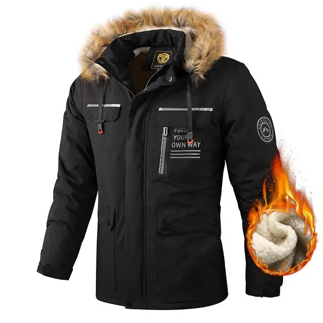 Stijlvolle heren winterjas met afneembare bontkraag, ideaal voor winterse dagen.
