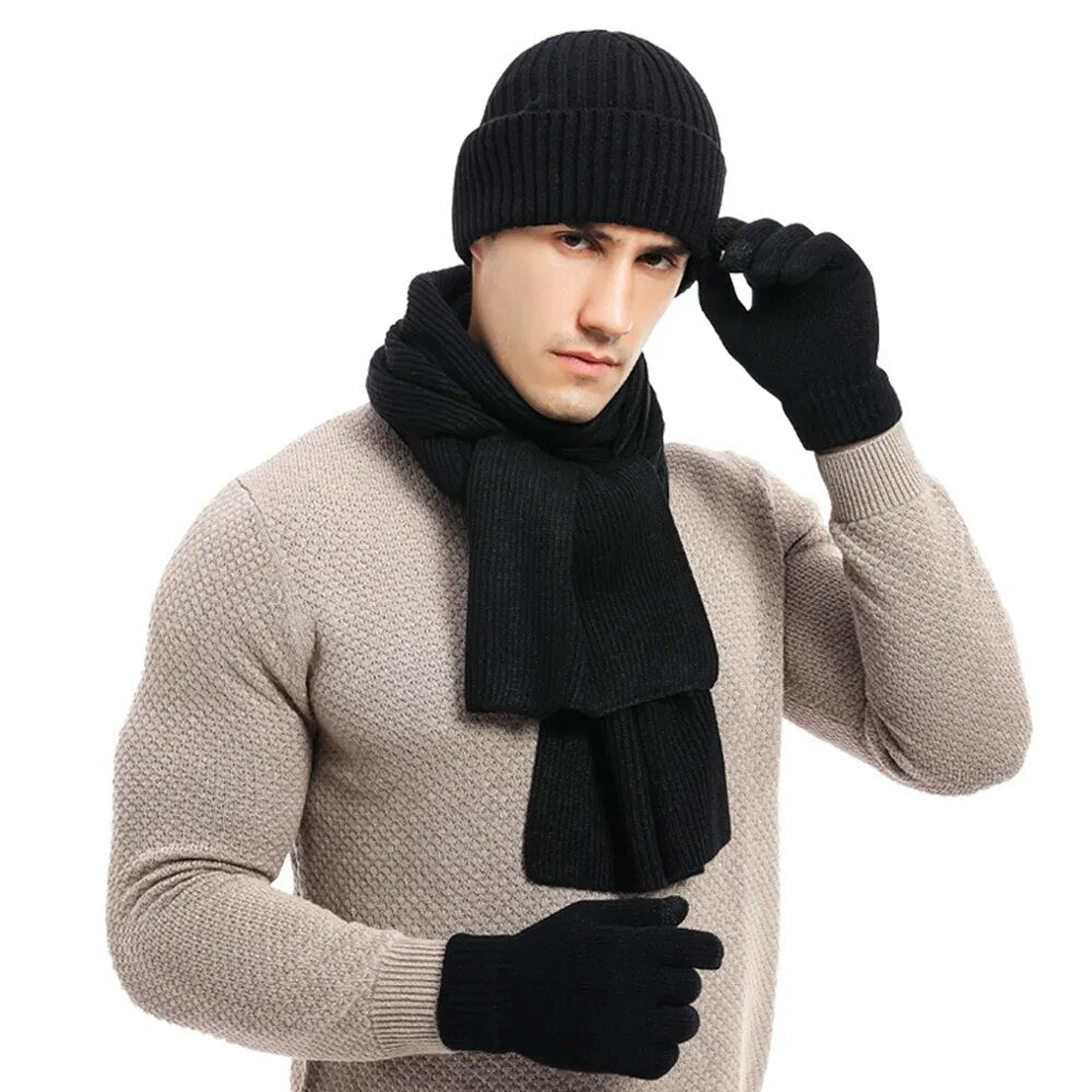 Heren winterset: warme gebreide muts, sjaal & handschoenen voor outdoor activiteiten & fietsen. Comfortabel & stijlvol.