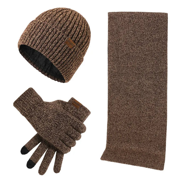 Stijlvolle heren winterset: comfortabele gebreide muts, sjaal & handschoenen, perfecte warme accessoires voor mannen.