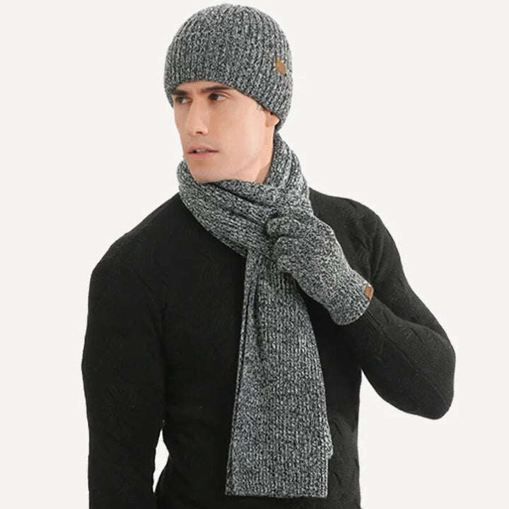 Warme heren winterset met gebreide muts, sjaal & handschoenen, ideaal voor koude winterdagen, fietsen & outdoor.
