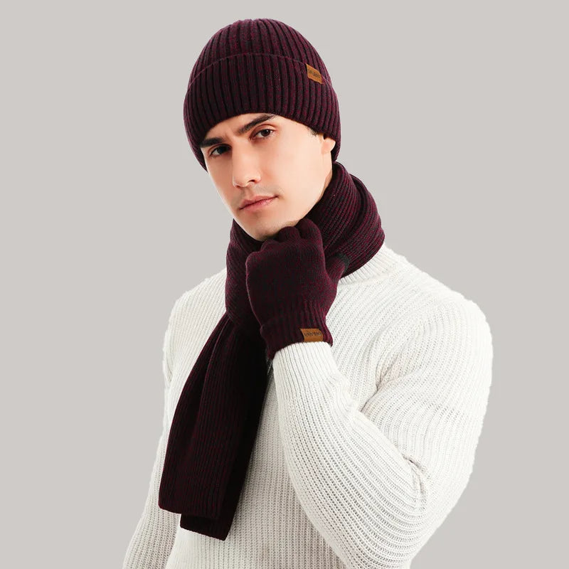 Complete heren winterset: comfortabele muts, zachte sjaal & warme handschoenen voor mannen, perfect voor buiten.