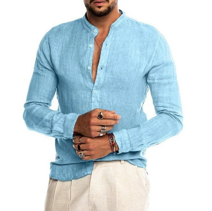 Ademend heren zomer overhemd met lange mouwen. Comfortabele, veelzijdige effen blouse voor vrije tijd.