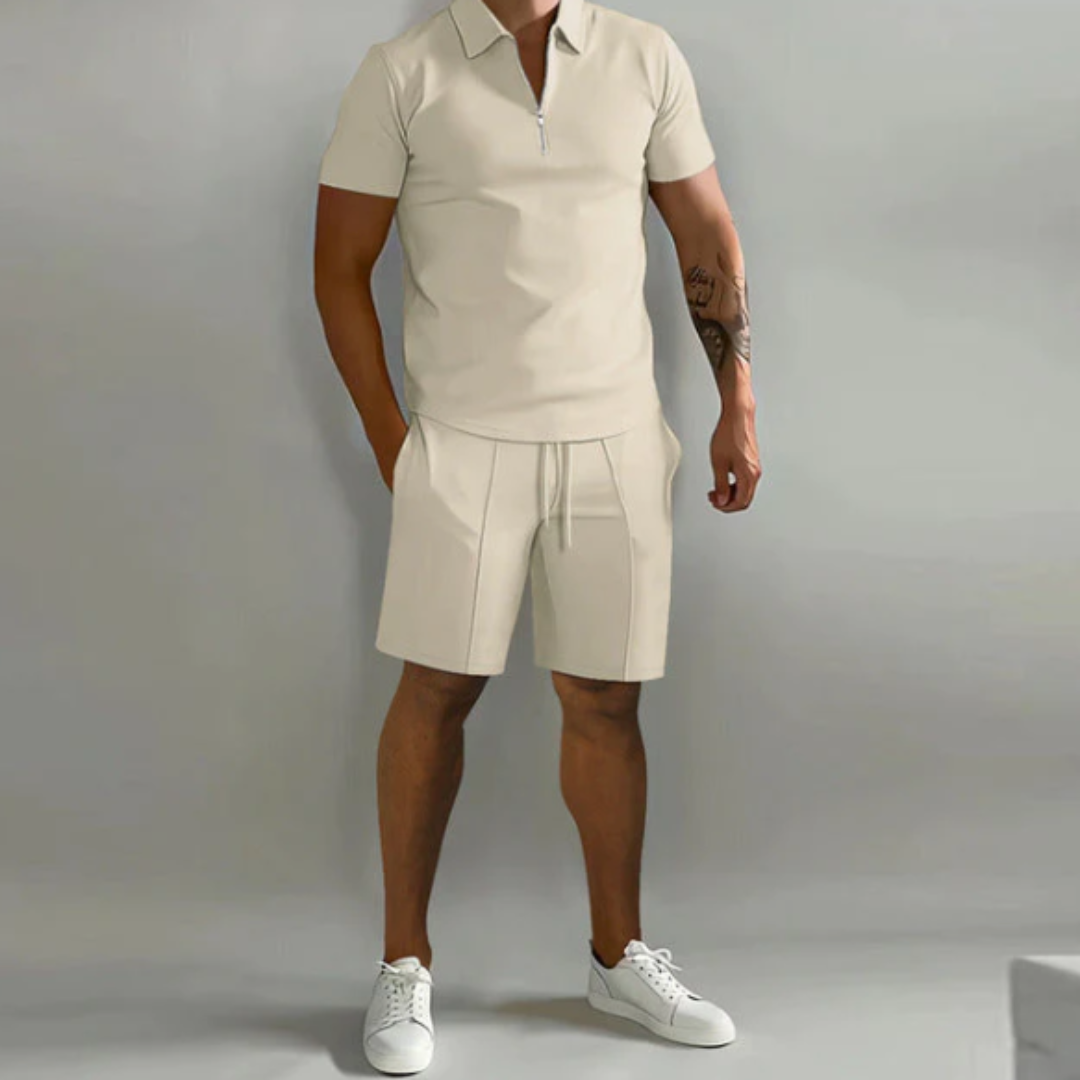 Heren zomer sportset Dario: comfortabel poloshirt met rits en bijpassende short. Stijlvolle casual vrijetijdskleding.