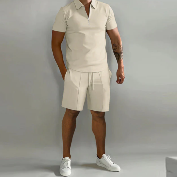 Heren zomer sportset Dario: comfortabel poloshirt met rits en bijpassende short. Stijlvolle casual vrijetijdskleding.