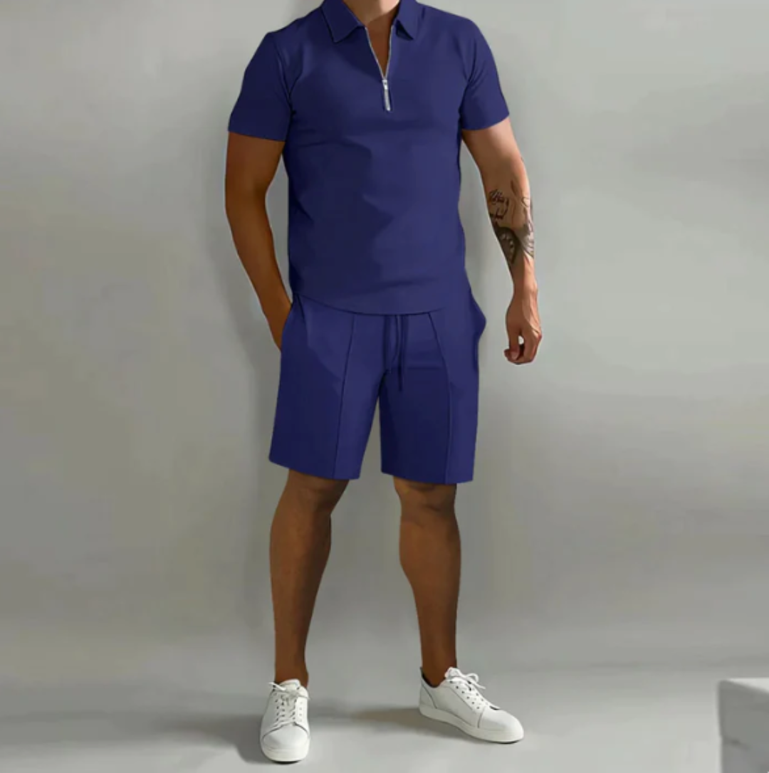 Actieve heren sportset Dario: ademend poloshirt en short, perfect voor zomerse outdoor activiteiten.