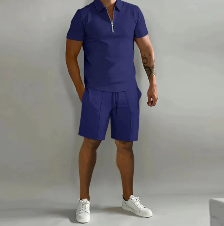 Actieve heren sportset Dario: ademend poloshirt en short, perfect voor zomerse outdoor activiteiten.