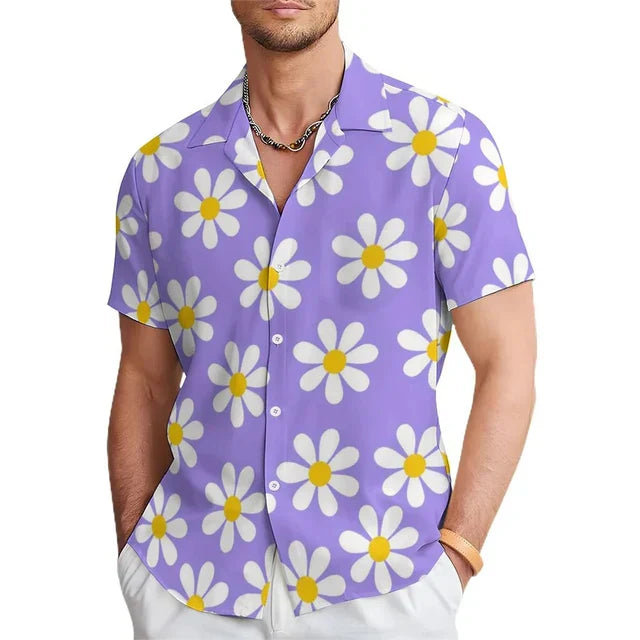 Heren casual overhemd met korte mouwen, opvallende bloemenprint en comfortabele reverskraag, trendy zomerkleding.