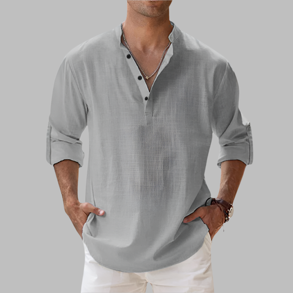 Casual heren overhemd met knoopsluiting. Comfortabel en ademend, ideaal voor warme zomerdagen en strandbezoek.