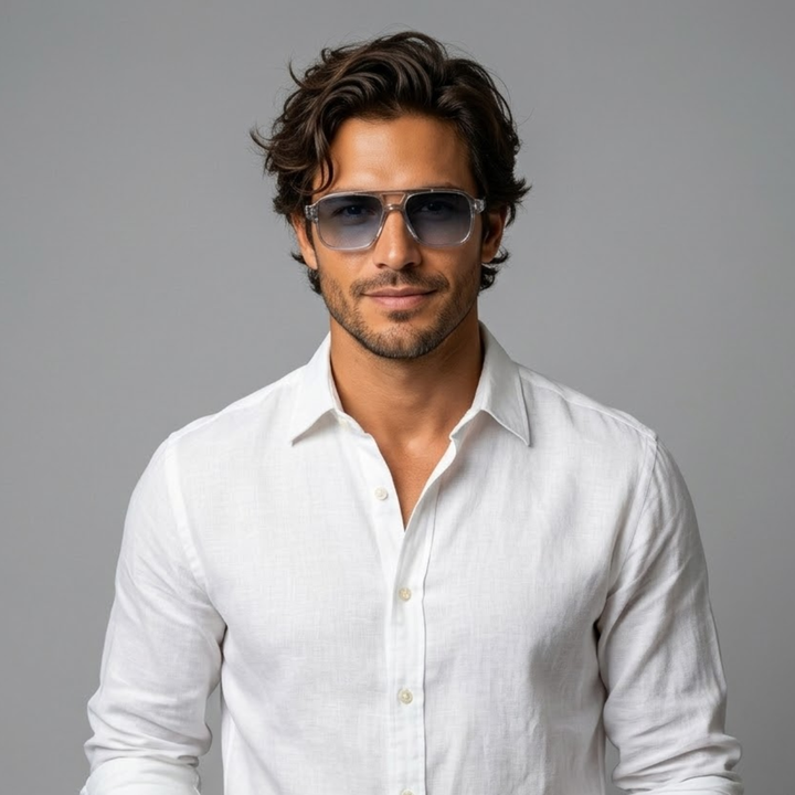 Man draagt trendy aviator zonnebril met wit overhemd