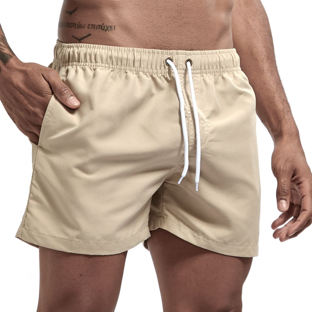 Beige heren zwembroek kort met trekkoord en zijzak
