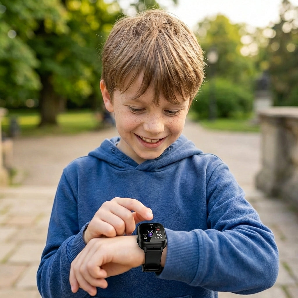 Jongen draagt de GPS kinderwatch buiten in het park