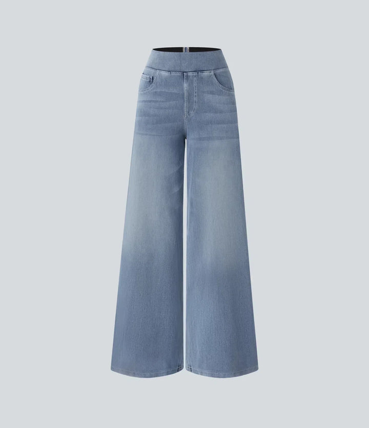 Stijlvolle donkerblauwe broek met hoge taille voor dames, elastische stretch, comfortabele pasvorm, perfect voor dagelijks gebruik.