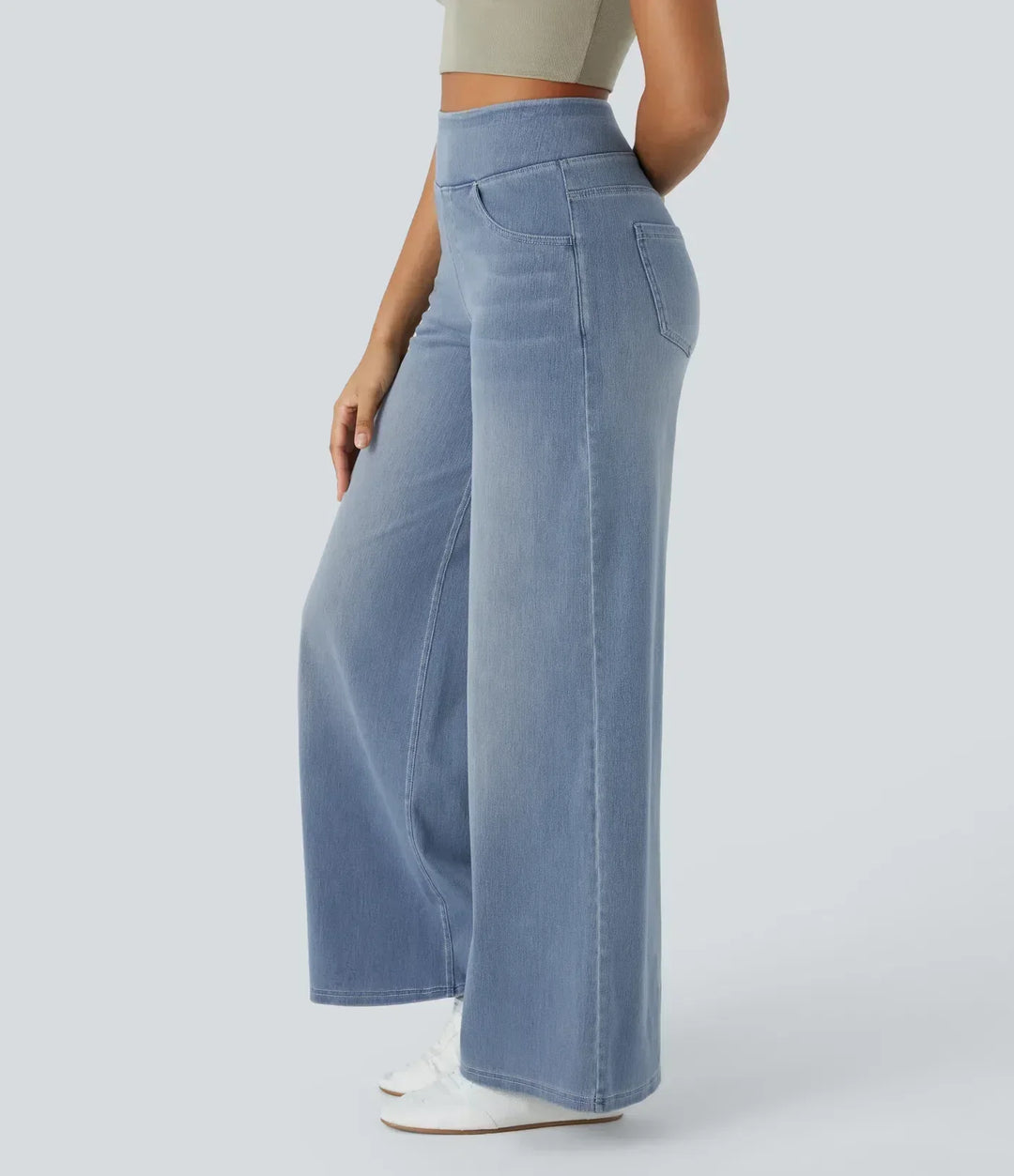Stijlvolle donkerblauwe broek met hoge taille voor dames, elastische stretch, comfortabele pasvorm, perfect voor dagelijks gebruik.