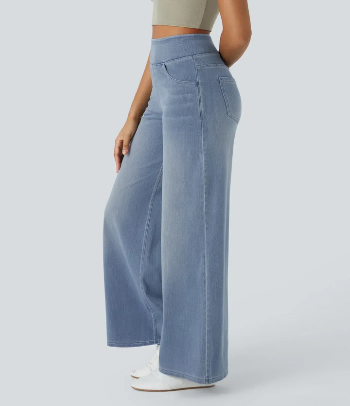 Stijlvolle donkerblauwe broek met hoge taille voor dames, elastische stretch, comfortabele pasvorm, perfect voor dagelijks gebruik.