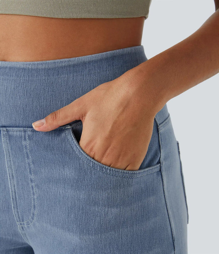 Stijlvolle donkerblauwe broek met hoge taille voor dames, elastische stretch, comfortabele pasvorm, perfect voor dagelijks gebruik.