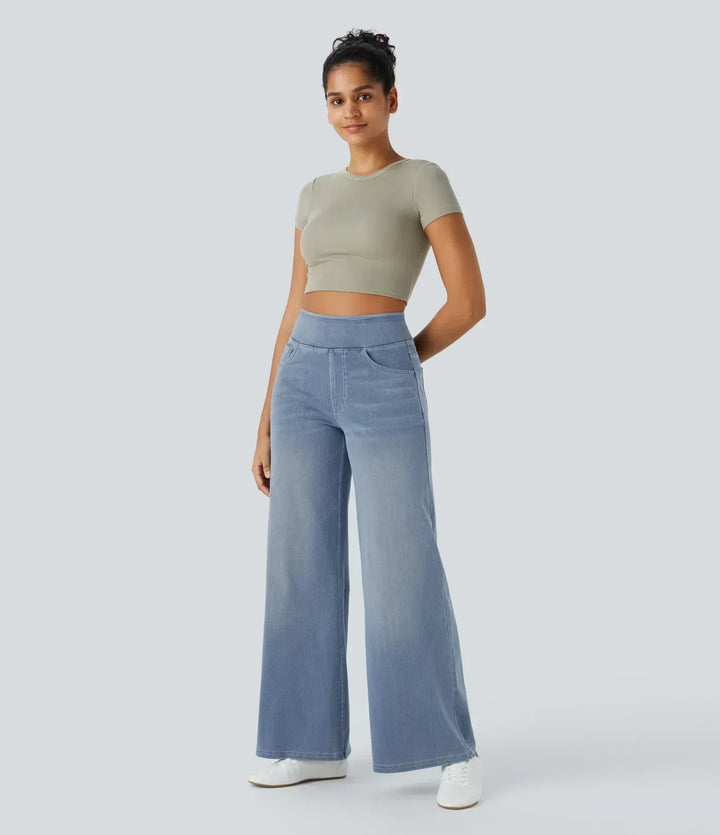 Stijlvolle donkerblauwe broek met hoge taille voor dames, elastische stretch, comfortabele pasvorm, perfect voor dagelijks gebruik.