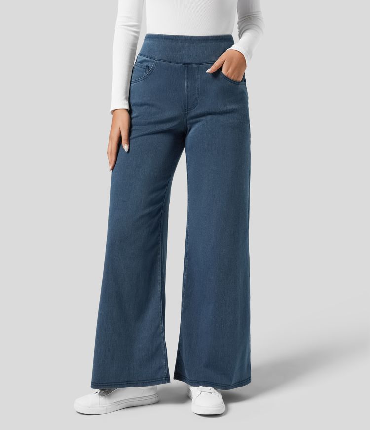 Stijlvolle donkerblauwe broek met hoge taille voor dames, elastische stretch, comfortabele pasvorm, perfect voor dagelijks gebruik.