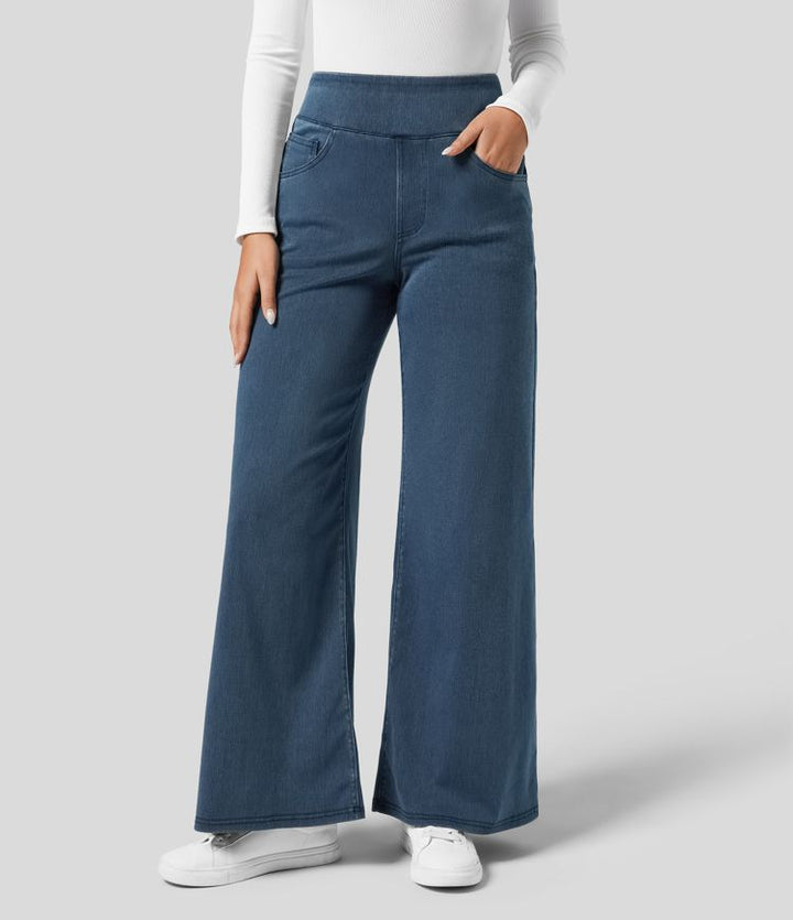 Stijlvolle donkerblauwe broek met hoge taille voor dames, elastische stretch, comfortabele pasvorm, perfect voor dagelijks gebruik.